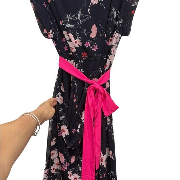Eliza J NWT Navy and Pink Floral High-Low Maxi Dress with pink sash size 6 - Picture 8 of 14